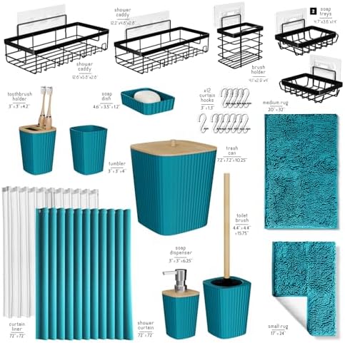 Clara Clark Bathroom Accessories Set - 27PC Bathroom Set with Adhesive Corner Shower Caddy Hanging, Bathroom Sets with Shower Curtain and Rugs, Teal Shower Curtain Set with Bathroom Trash Can - Image 3