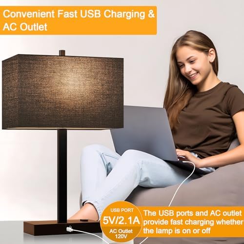 21" Touch Bedside lamps with 2 USB & AC Outlets, 3-Way Dimmable Bedside Table Lamps Set of 2 for Bedroom Living Room Office Reading, Black Shade Lamps for Night Stands, 2700K LED Bulbs Included - Image 7