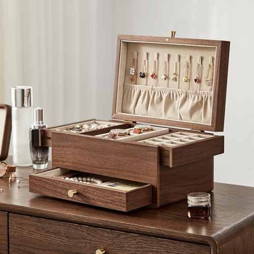 CHOSIN Black Walnut Wooden Jewelry Box for Women, 3 Level Multi-functional Drawer Organizer Box Watch Necklace Ring Earring Storage, Ideal Gift for Her - Image 4