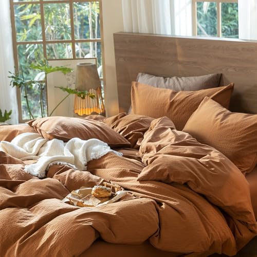 MooMee Wavy Striped Duvet Cover Set 100% Washed Cotton Linen Like Textured Breathable Durable Soft Comfy (Dark Orange, Oversized Queen 98"x98") - Image 5