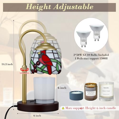 Candle Warmer Lamp with Timer Dimmer, Adjustable Height Candle Warmer for Jar Candles, Birthday Gifts for Women New Home Bedroom Decor Tiffany Red Cardinal Style Stained Glass with 2 Bulbs - Image 5