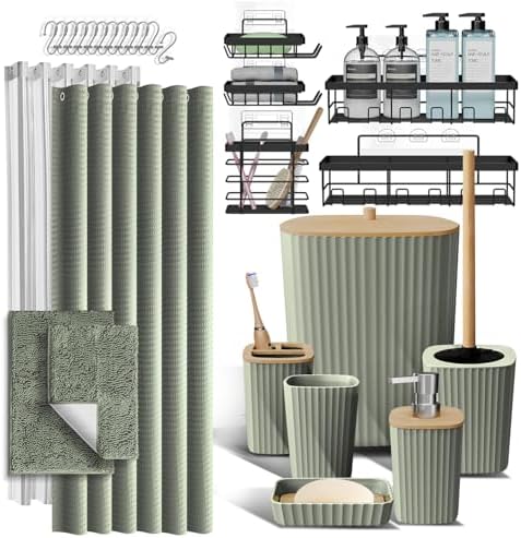 Clara Clark Bathroom Accessories Set - 27PC Bathroom Set with Adhesive Corner Shower Caddy Hanging, Bathroom Sets with Shower Curtain and Rugs, Sage Green Shower Curtain Set with Bathroom Trash Can by ClaraClark