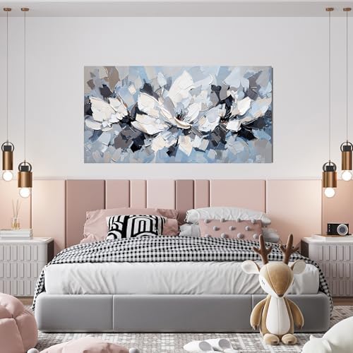 Canvas Wall Art Decor Modern White Wall Art for Living Room Abstract Canvas Art Wall Decor Flower Pictures Abstract Blue Wall Art Prints Artwork for Walls Bedroom Office Home Decor 20" X 40" - Image 2