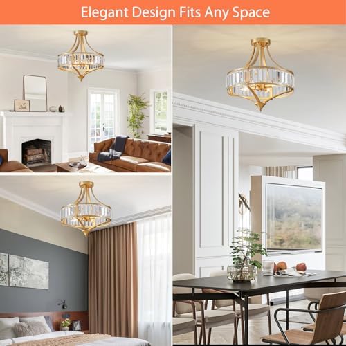 Modern Gold Crystal Chandelier 4 Lights Semi Flush Mount Ceiling Light Fixture E12 Base Farmhouse Mid Century Chandelier for Dining Room Bedroom Hallway Entryway Kitchen - Image 6