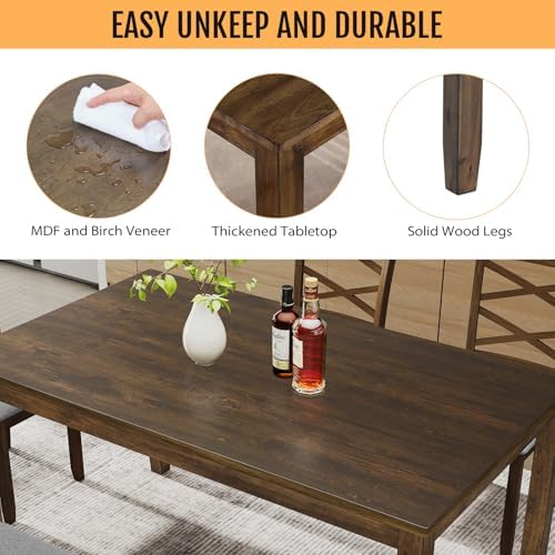 Zevemomo 6-Piece Solid Wood Dining Table Set, Wooden Legs Set, Walnut - Image 3