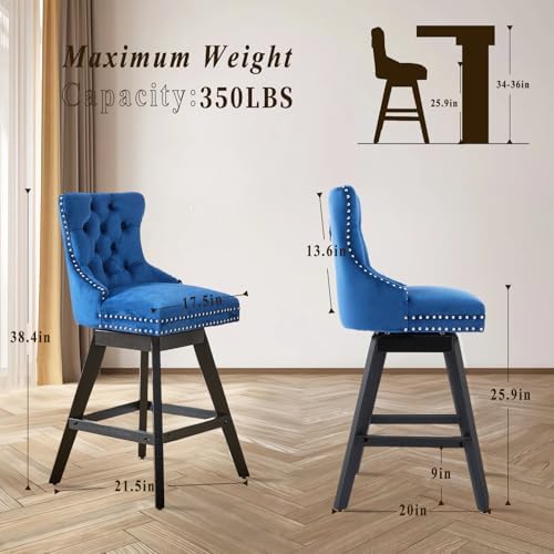 SoarFlash Kitchen Swivel Bar Stools with Solid Wood Legs Upholstered Counter Stools Set of 4, Blue - Image 2