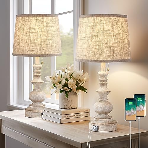 Drawealth Table Lamps for Bedrooms Set of 2 Farmhouse Bedside Lamps for Nightstand with USB Charging Ports Traditional Side Table Lamps for Living Room Wooden Finish, Pull Chain, Bulbs Not Included by Drawealth