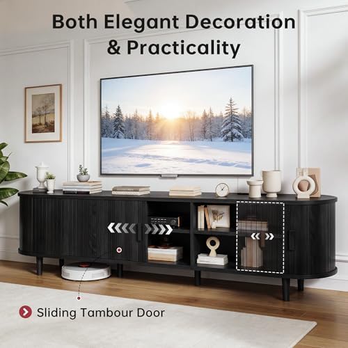 70" Mid Century Modern TV Stand, Wood TV Consoles with Sliding Doors and Power Outlet, Fluted Entertainment Center with Adjustable Shelves, Media Console for Living Room, Black - Image 4