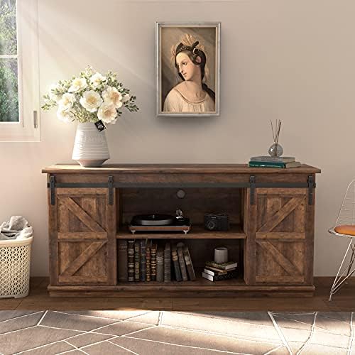 JUMMICO TV Stand for 65 Inch TV, Sliding Barn Doors, Rustic Oak - Image 2