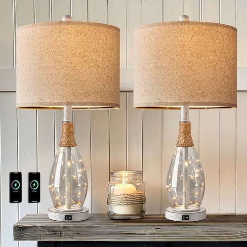 OYEARS 23" Table Lamps for Living Room Set of 2 Bedside Lamps for Night Stands Bedroom Lamps Farmhouse Rattan Boho Lamp Glass Nightlight End Table Lamp with USB C+A (White),Two Light Points - Image 6
