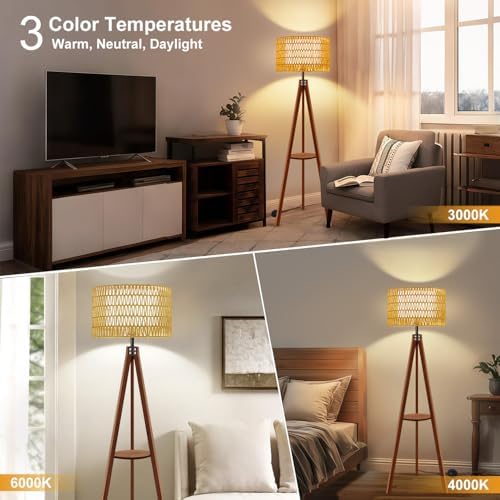 Boho Rattan Floor Lamp with Shelf & Bulb Included, Wicker Tripod Floor Lamp 3 Color Temperatures, Wood Rustic Tall Lamps with Foot Switch, Walnut Boho Standing Lamps for Living Room Bedroom - Image 2