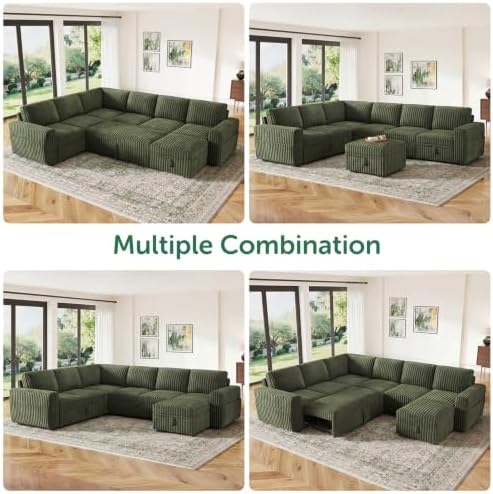 HONBAY Modular Sectional Sleeper Sofa with Pull Out Bed,Corduroy U Shaped Couch with Storage, Sectional Couches for Living Room,Green - Image 6