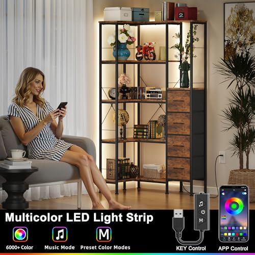 AFLUI 5-Tier Corner Bookshelf with LED Light Strips, 4 Fabric Drawers - Image 3