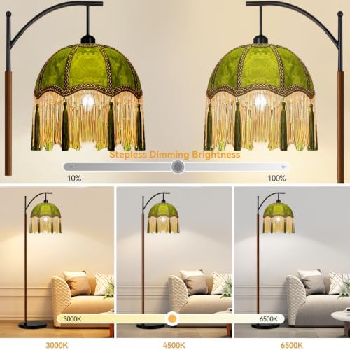ILLMTW Fringe Floor Lamp for Living Room,Bedroom,Victorian Standing Lamp with Remote Dimmable,Green Mid Century Black Arc Tall Lamp Boho Vintage Retro Wood Tassel Flower Unique Lamp Tiffany Decor - Image 2