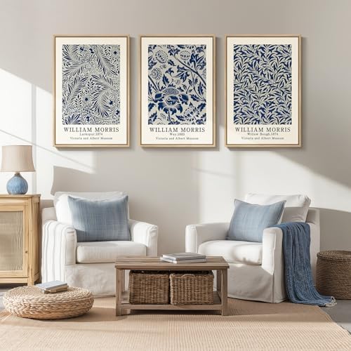 Large Framed William Morris Blue Canvas Wall Art for Living Room, 3 Piece - Image 3