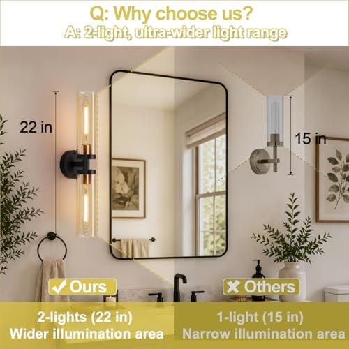 Indoi Wall Sconces Set of Two, Hardwired Black and Gold Bathroom Sconces Wall Lights with Amber Glass, Modern Sconces Wall Decor Set of 2 Vanity Light fixtures for Bathroom Mirror Living Room - Image 3