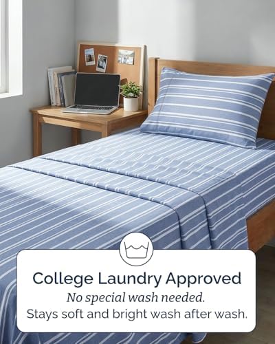 Twin XL 3 Piece Sheet Set - College Dorm Room Essentials - Blue Stripes - Image 6