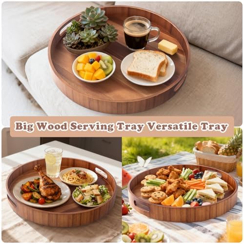 20 Inch Ottoman Coffee Table Tray with Handles, Large Round Wooden Serving Tray, Big Decorative Kitchen Organizer Giant Sofa Storage Trays Huge Counter Serveware - Image 5