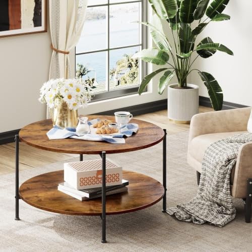 WLIVE Round Coffee Table, 32.6" Small Coffee Table with Storage Shelf, 2-Tier Circle Wood Center Table for Living Room, Apartment, Rustic Brown (Rustic Brown, 32.6" D x 32.6" W x 17.5" H) - Image 4