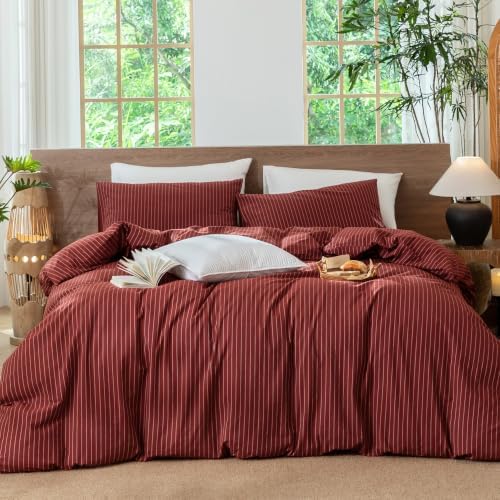 MooMee Striped Duvet Cover Set 100% Washed Cotton Linen Like Queen by MOOMEE