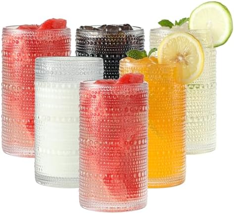 Vintage Hobnail Drinking Glasses Set of 6, 16 oz Large Capacity Embossed Clear Tumblers, Highball Glasses for Water, Cocktail, Beer, Whiskey, Kitchen & Bar Use - Image 7
