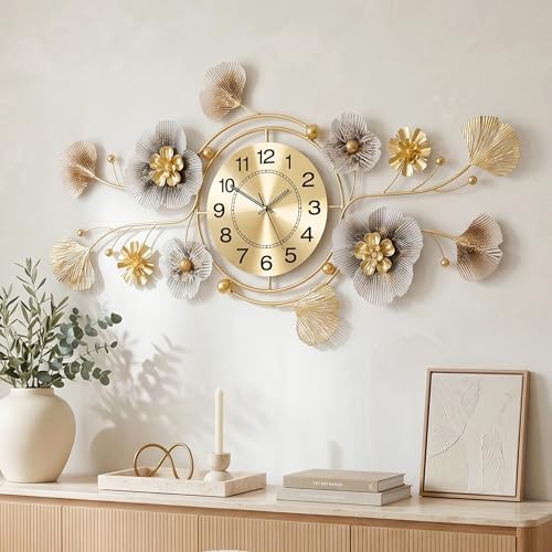 47" 3D Ginkgo Wall Clock with Sculpted Metal Leaves by JXQXYN