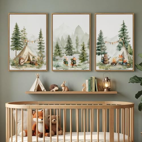 Framed Forest Animal Wall Art for Nursery, 3 Piece Nature Cute Whimsical Bear Fox Rabbit Canvas Painting Prints for Modern Farmhouse, Rustic Cabin Toddler Girl Artwork for Bedroom Kids Room, 16x24 by Cuspin