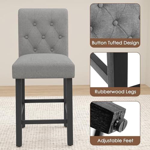 LSSBOUGHT 24 Inches Upholstered Counter Height Bar Stools, Kitchen Island Chairs,Padded Barstools with Button-Tufted Back and Solid Wood Legs Set of 4（Gray） - Image 4