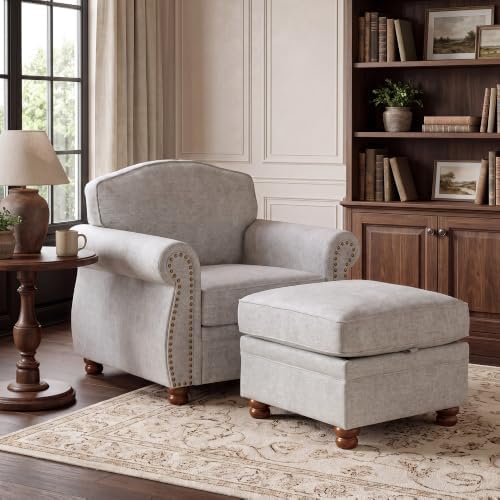 Traditional Accent Chair with Storage Ottoman, 41.3", Chenille, Oatmeal - Image 3