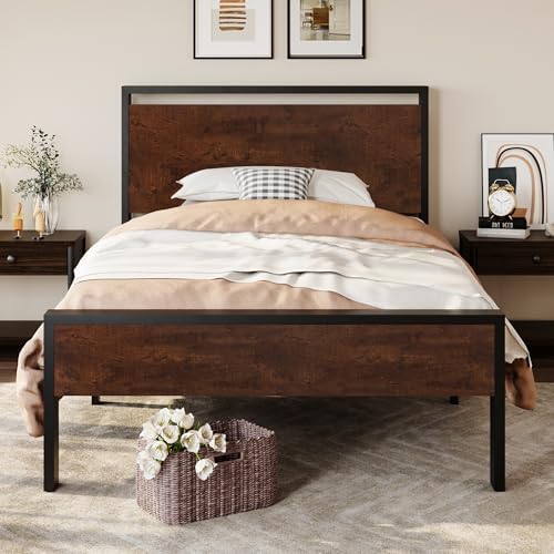 SHA CERLIN 14 Inch Twin Size Metal Platform Bed Frame with Wooden Headboard and Footboard, Mattress Foundation, No Box Spring Needed, Large Under Bed Storage, Heavy Duty Slats Support, Mahogany - Image 3