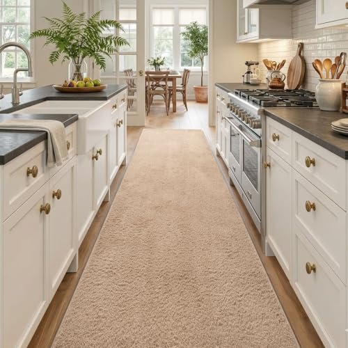 2x10 Beige Solid Runner Rug Washable Non-Slip for Kitchen Hallway Bathroom - Image 2