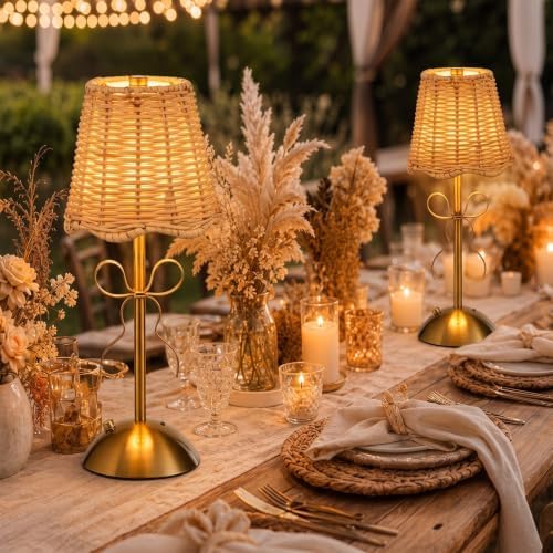 12 Inch Rattan Cordless Table Lamp, Bow, Gold, 2 Pack - Image 4