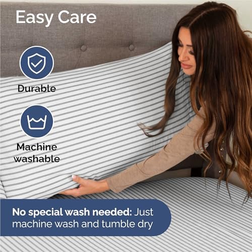 King Size 4 Piece Sheet Set - Breathable & Cooling Sheets - Grey Stripes - Image 6