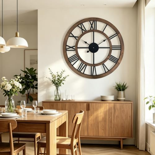 30 Inch Oversized Rustic Wall Clock Silent Non-Ticking Wooden Wall Clocks with Roman Numerals Farmhouse Decorative Clock for Living Room Bedroom Office (Brown) - Image 2