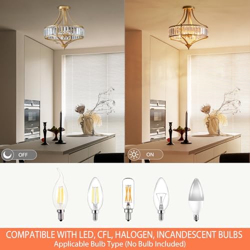 Modern Gold Crystal Chandelier 4 Lights Semi Flush Mount Ceiling Light Fixture E12 Base Farmhouse Mid Century Chandelier for Dining Room Bedroom Hallway Entryway Kitchen - Image 4