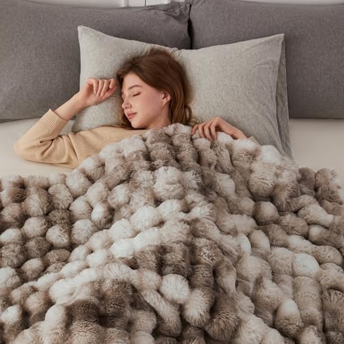 COOVA Faux Fur Throw Blanket for Couch, Cozy Soft and Fuzzy Plush Rabbit Fur Bubble Blanket for Sofa Bedroom Living Room, 50x60 Inches Tie Dye Brown (Pack of 2) - Image 3