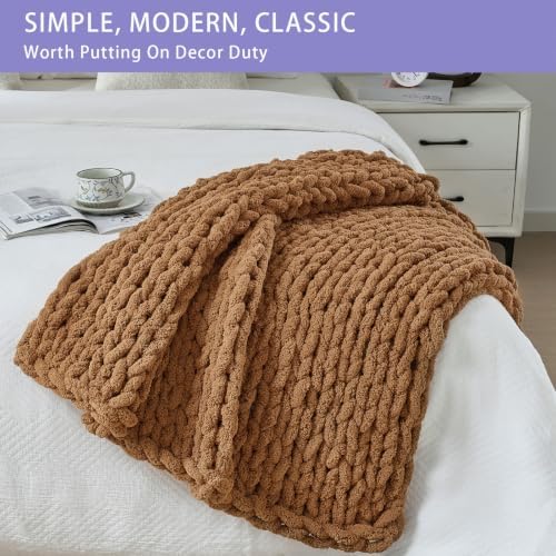 Bigacogo Chunky Knit Throw Blanket for Couch, 40x40 inches, Caramel - Image 3