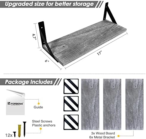 Forbena Grey Floating Shelves for Wall Decor Set of 3, Floating Book Shelves for Bedroom Living Room Classroom Library Office, Wall Mounted Shelf for Kids Room Christmas Decor (Rustic Gray) - Image 3