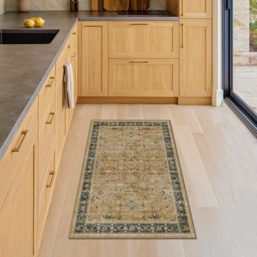 Hazo Haus Washable 2x3 Entry Rug Front Door Indoor, Bohemian Kitchen Floor Rug, Non-Slip & Stain Resistant, Vintage Rustic Brown and Charcoal Olive Farmhouse Floral Décor - Image 3