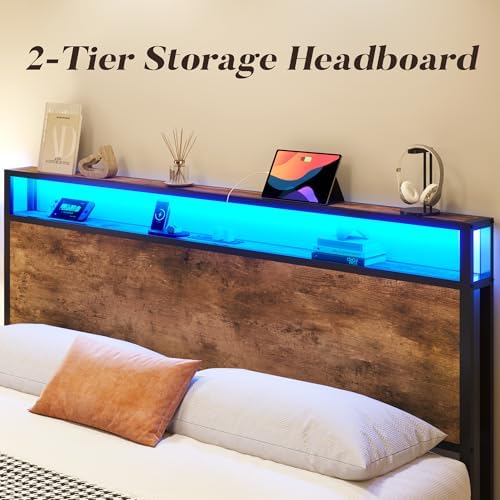 Lifezone Queen Bed Frame with 2-Tier Storage Headboard, Metal Platform Bed Frame with 4 Storage Drawers, Built in Charging Station & LED, Noise-Free/Metal Support/No Box Spring Needed, Vintage Brown - Image 5