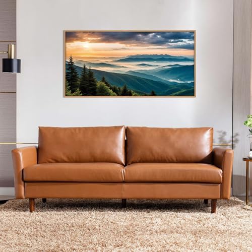 LHIUEM Large Nature Mountain Sunrise Framed Canvas Wall Art, Modern Misty Tree Wall Decor, Boho Forest Green Landscape Artwork, 20"x40"x1 - Image 2