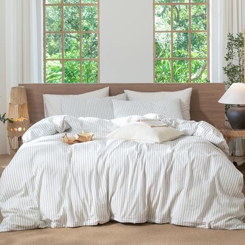 MooMee Striped Duvet Cover Set 100% Washed Cotton Linen Like Oversized King by MOOMEE