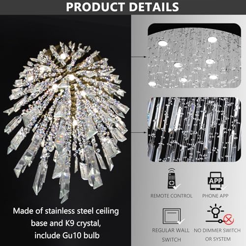 D32'' x H100'' Modern Crystal Chandelier High Ceiling Chandeliers for Entryway Glam Chandelier Large Raindrop Chandeliers LED Dimmable Light Fixtures for Staircaes Foyer Hallway Living Room Silver - Image 2