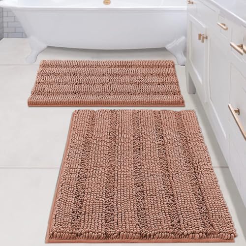 H.VERSAILTEX 2 Piece Set Bathroom Rugs Bath Mats Sets Super Absorbent Chenille Striped Bath Mats Non Skid Machine Wash Dry Rugs for Bathroom Floor (Muted Clay, 24 x 36 Plus 20 x 32 - Inches) by HVERSAILTEX