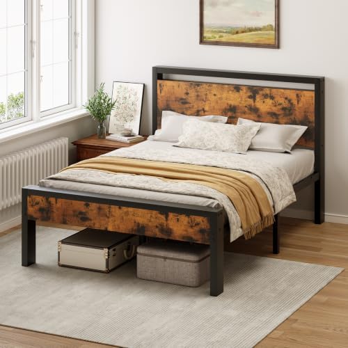 Sweetcrispy Full 14 Inch Bed Frame with Wood Headboard, Rustic Brown by Sweetcrispy