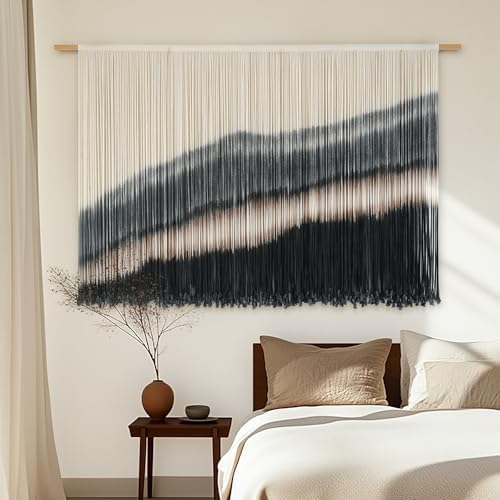 Jakalin Macrame Wall Hanging Black Dip Dye Fiber Tapestry Handmade 57"x35" - Image 4