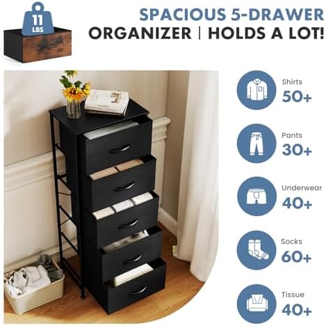 DUMOS Nightstand with 5 Drawers, Bedside Table with Removable Fabric Bins, Sturdy Steel Frame Wood Top Skinny Dresser for Bedroom Closet Living Room, Black - Image 4