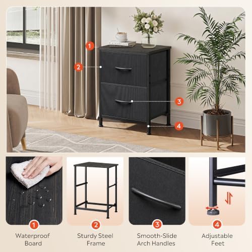 WLIVE Black Night Stand, Small Dresser with 2 Drawers & Wooden Top, Nightstand with Fabric Bins, Bedside Table End Table for Bedroom, Closet, Entryway, College Dorm, Charcoal Black - Image 6