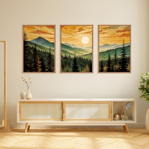 LHIUEM Large Boho Sunset Mountain Framed Canvas Wall Art,Retro Pine Tree Wall Decor,Nature Foggy Forest Wall Painting,Bohemian Landscape Artwork for Living Room,Bedroom,Dining Room,Office -16"x24"x3 - Image 4