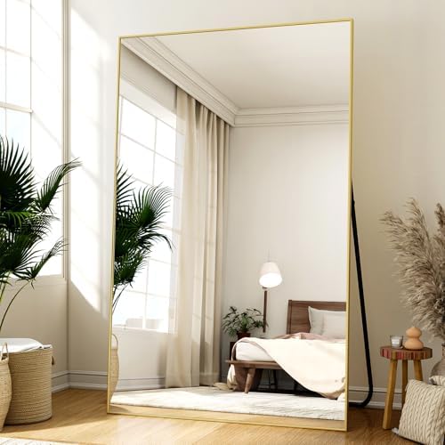 Easly Full Length Mirror with Stand 46"x76" Full Body Mirror Floor Mirror Standing Hanging or Leaning Wall, Wall Mirror with Stand Aluminum Alloy Frame for Living Room Bedroom Cloakroom,Gold by EASLY